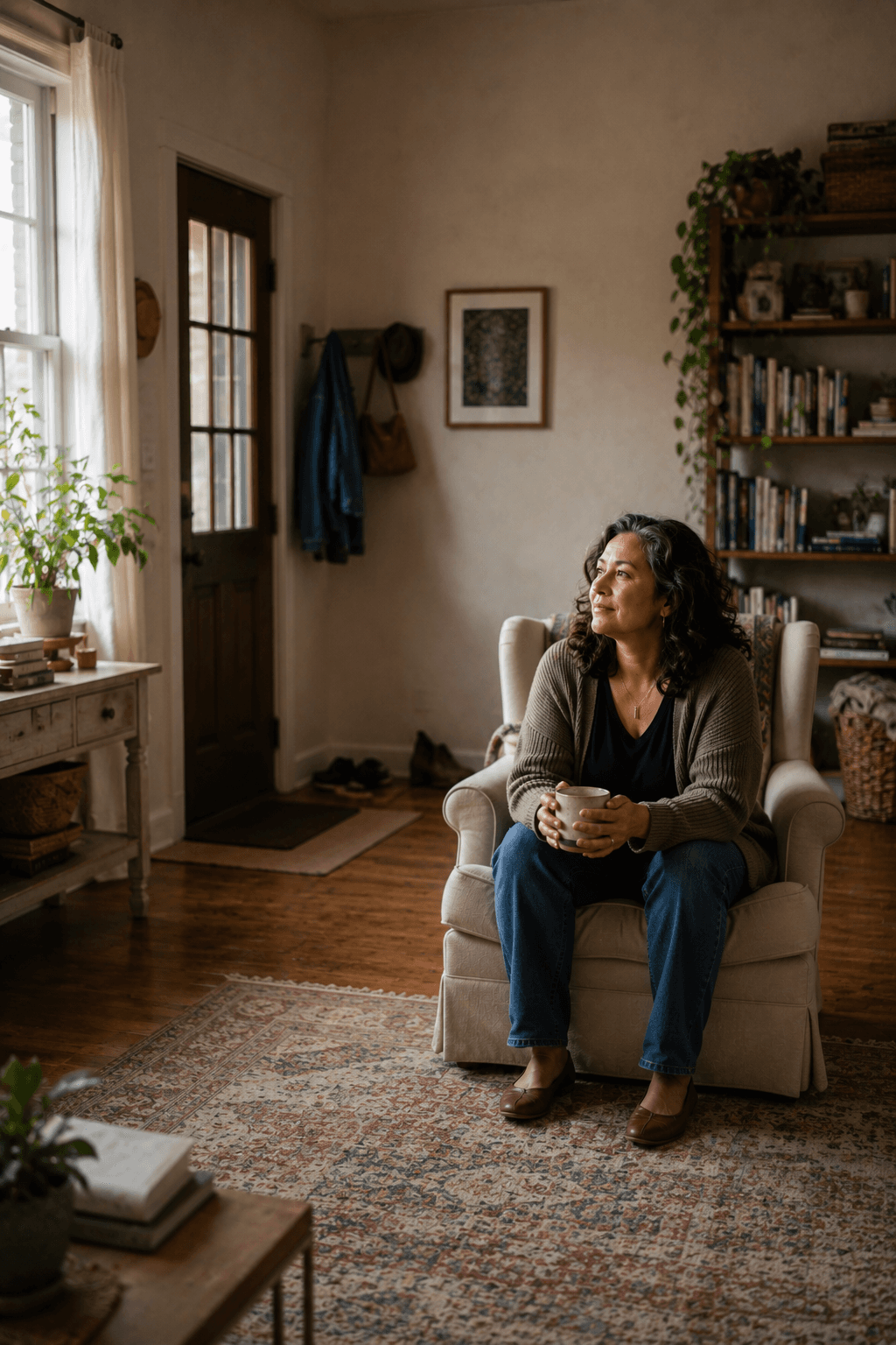 A woman reflecting in a peaceful room before counseling