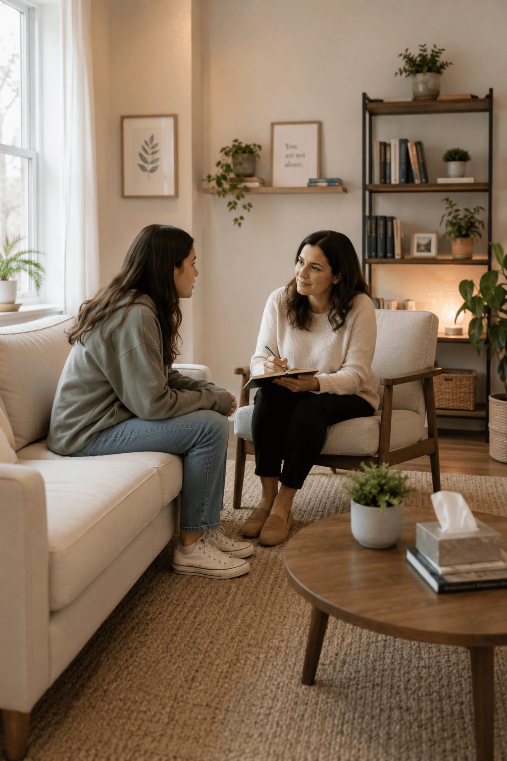 A woman speaking with a biblical counselor in a calm office
