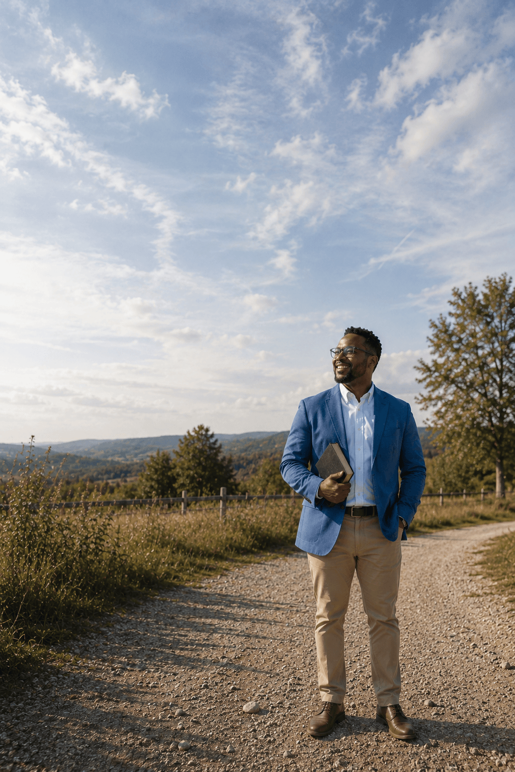 A pastor holding a Bible outside a church