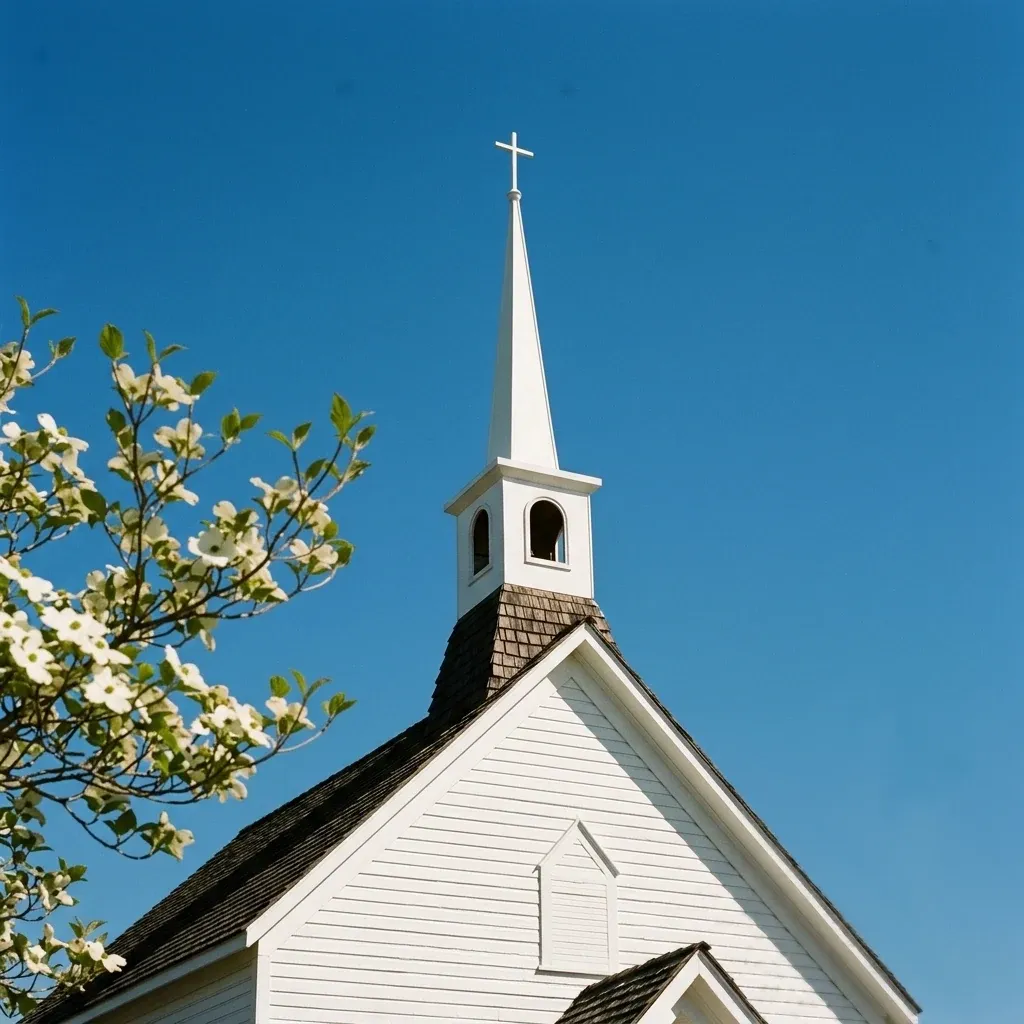 A white church steeple beside flowering branches