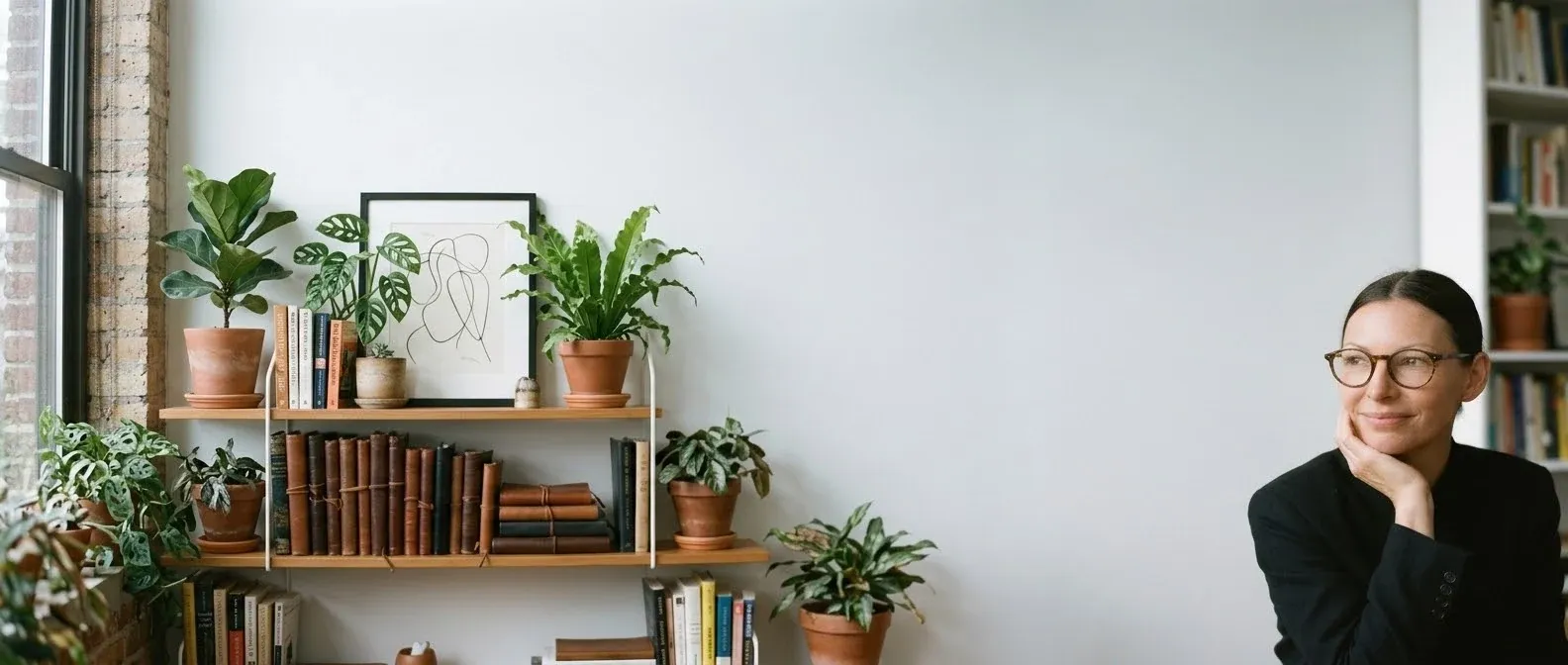 A woman sitting in a bright, plant-filled room