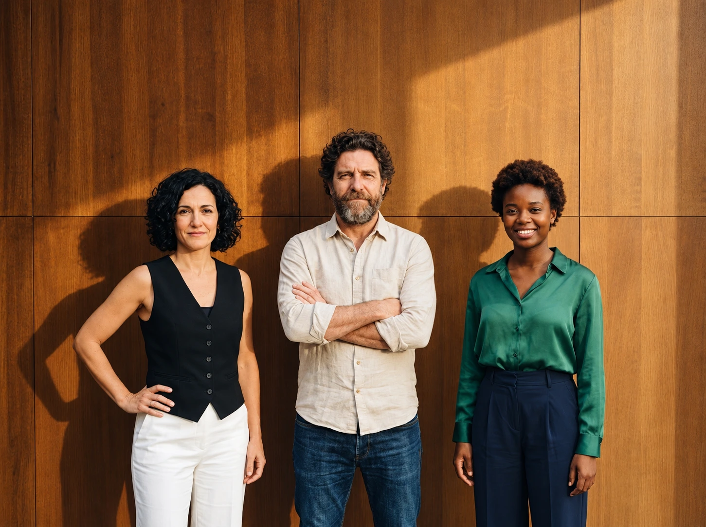 Three people standing together in front of a sunlit wooden wall
