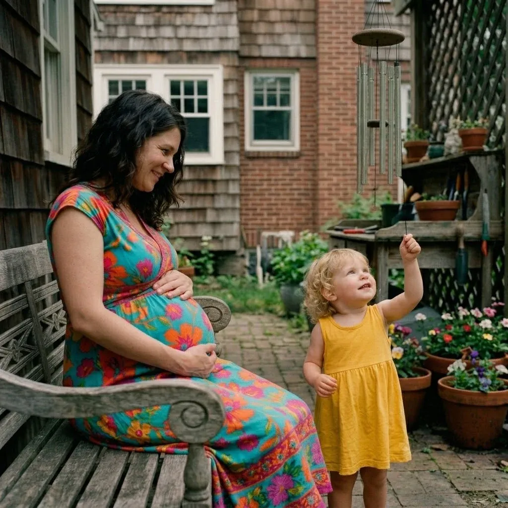 A mother and child enjoying a quiet garden