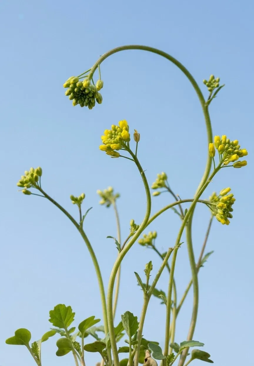 Yellow buds reaching toward a clear blue sky